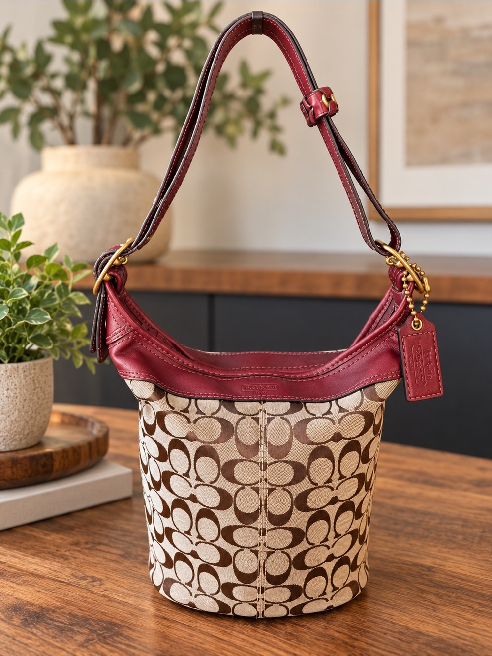 Coach Bleecker Signature Duffle Bucket Bag 11437 Burgundy Jacquard Vintage 2007